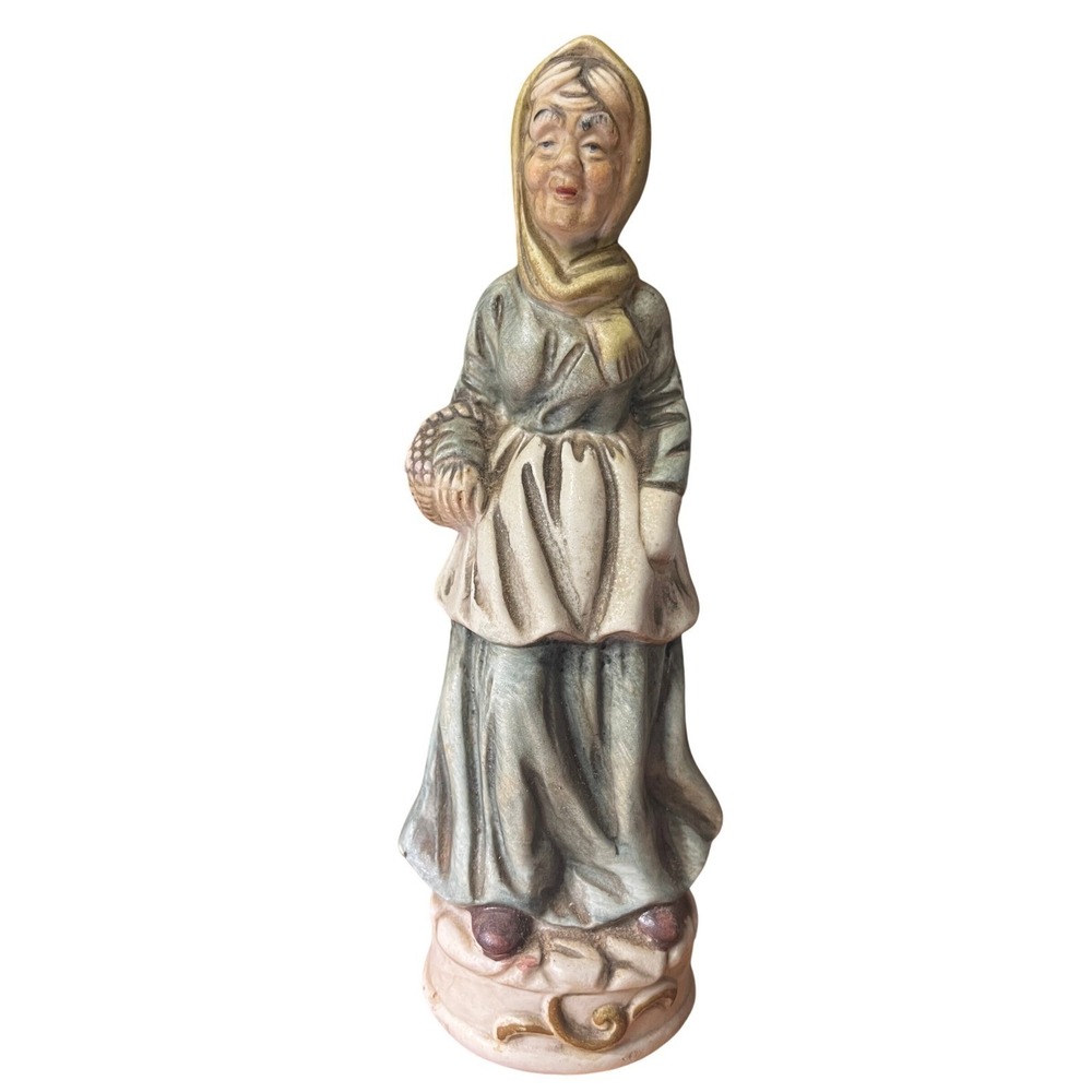 Vintage Ceramic‎ Figurine Old Woman Carrying Basket Country Folk Art Home Decor